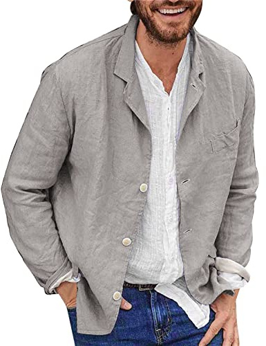 YOUYING Giacca Uomo in Cotone e Lino, Vestibilità Larga, Leggera, con Risvolto, Abbigliamento Sportivo