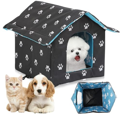 GOEDCH Niche pour Chat: 40x38x35cm Niche D'extérieur pour Chat Facile à Laver Pliable avec Coussin Amovible, Imperméable Résistant Aux Intempéries Abri Maison pour Chats, Animaux Domestiques Errants