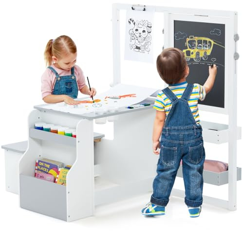 GYMAX Kids Art Table and Bench Set, 3 in 1 Children Activity With Height Adjustable Double Sided Easel, Bookshelf & Accessories, Wooden Drawing Set for Toddlers (Grey+White)