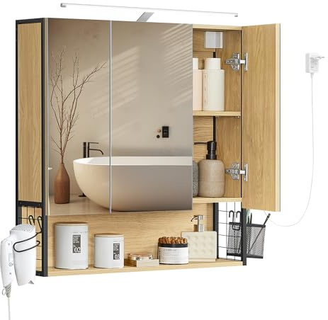 VASAGLE Spiegelschrank Bad mit Beleuchtung, 14,5 x 70 x 70 cm, Stecker, Hängekorb, Haartrockner-Halter, Spiegelschrank, Badschrank, Wandschrank, für Badezimmer, natureichenfarben BBK124Y01