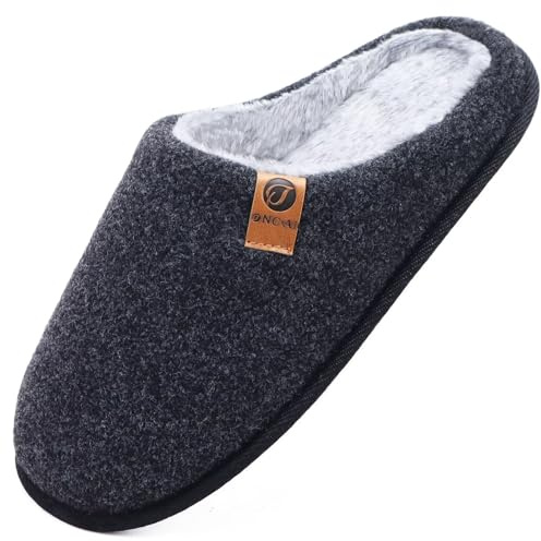 ONCAI Men's Winter Slippers, Comfortable Memory Foam Warm Wool Home Shoes with Non-Slip Sole Size 40-49 EU, Black Fur, 12.5 UK