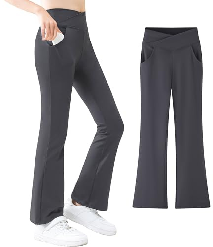 VilyR Girls Flare Leggings Cross High Waist Yoga Pants Kids Stretch Casual Dance Sports Tight Pants with Pockets,Gray,10-11Y