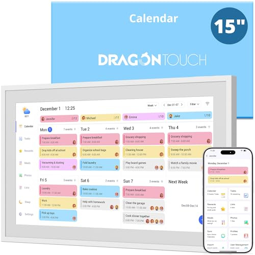 Dragon Touch Calendario digital de pared de 15.6 pulgadas, 1920 x 1080 FHD, calendario de pared electrónico, planificador familiar con memoria de 32 GB y soporte de pared, pantalla táctil, calendario