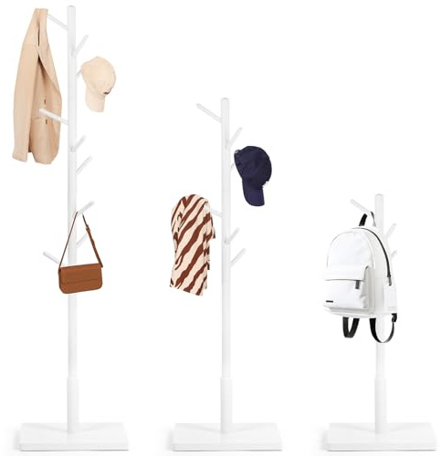 Relquorax Garderobenständer, Kleiderständer aus Buchenholz Massivholz in Baumform für Kleidung, 9 Haken, 180 x 38 x 38 cm, für Jacken, Hüte, Taschen, Eingang, Flur, Büro, Schlafzimmer (Weiß)