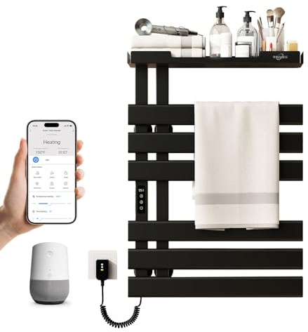 WRJAHCG Toallero Electrico baño De Pared,Secador Toallas Baño Electrico Inteligente WiFi,Radiador Calentador De Toallas con Estante Y Pantalla Led,Control por Voz,6 Postes Ensanchados,Negro