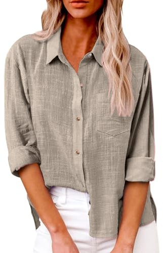 SHEKINI Women Casual Blouse V-Neck Long Sleeve Shirt Button Down Cotton Linen Tshirt Tops Dressy Blouses Office Work Blouse Plus Size Khaki