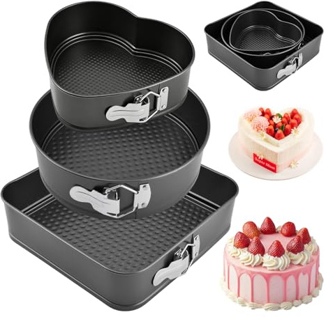 Waylenbo Set of 3 Springform Cake Tins Heavy Duty, Double Layer Non-Stick Coating, Removable Base, Heavy Duty Carbon Steel, Perfect for Frozen Desserts - Oven Safe Bakeware (Square Round Heart)