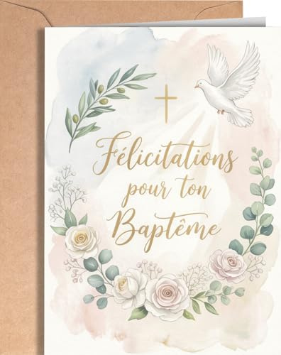 Carte de Baptême - Carte de Félicitations pour Baptême Fille ou Garçon - Cartes de Vœux Religieuse avec Enveloppe - Cadeau de Cérémonie de Parrain, Marraine, Maman, Papa ou Famille - EU 274
