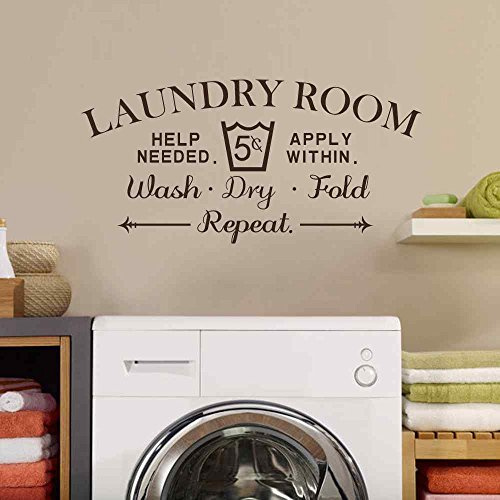 BATTOO Black Laundry Room Wall Decal - Wash Dry Fold Sign (16.5h x34w) - Art Deco Style, Vinyl Material, Wall Surface