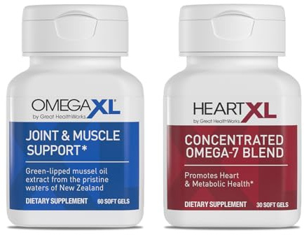 OmegaXL Joint Support Supplement - Natural Muscle Support, Green Lipped Mussel Oil, Soft Gel Pills, Drug-Free, 60 Count + HeartXL 30 Count, High Potency Omega-7 Blend