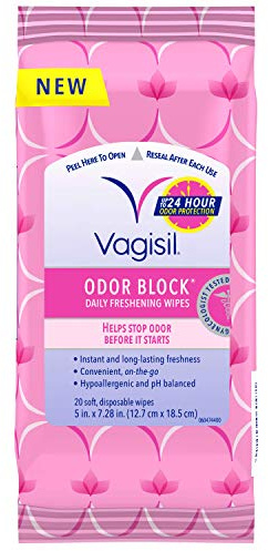 Vagisil Odor Block Daily Freshening Wipes for Feminine Hygiene in Resealable Pouch, Gynecologist Tested & Hypoallergenic, 20 Wipes (Pack of 1)