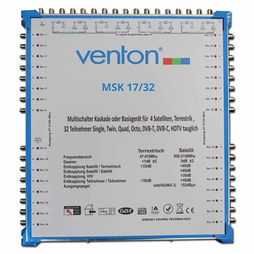 Venton Multiconmutador satelital 17/32 MSK I Multiswitch en cascada para 32 participantes, distribuidor por satélite, 17 entradas, 32 salidas, TV Full HD 4K 3D, recepción de señales digitales y