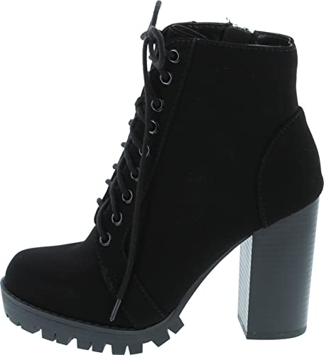 Soda Chalet – Fashion Lace up Military Inspired Ankle Boot with Stacked Heel and Side Zipper (Black Nubuck, 9)