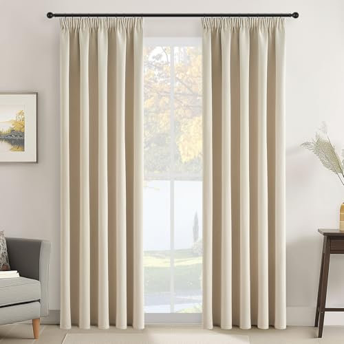 Topfinel Verdunkelungsvorhänge mit Kräuselband Gardinen Beige 245 cm Lang Vorhang Blickdicht Thermovorhang Hitzeschutz Blickdichte Vorhänge Blackout Curtains Kälteschutzvorhang für Gardinenschiene