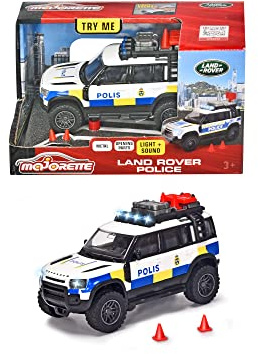 Majorette 213712000033 - Grand Series Land Rover - Auto della polizia svedese Land Rover - Modello svedese della polizia con ruota libera, metallo, luce, suono, porta posteriore apribile, pneumatici