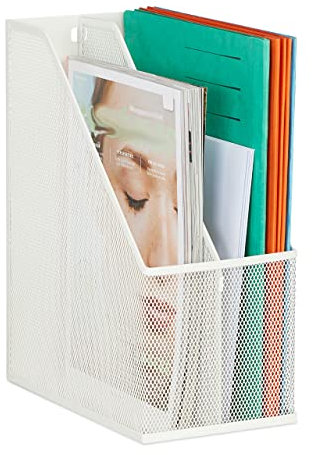 Relaxdays Stehsammler Metall, 2 Fächer, DIN A4, H x B x T: 31,5 x 14,5 x 25 cm, stabiler Stehordner, Mesh Design, weiß