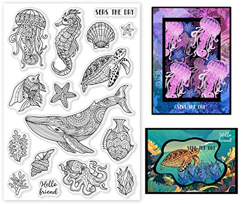 GLOBLELAND Ocean Life Klare Stempel Meereswale Schildkröten Seepferdchen Tintenfisch Goldfisch Silikon Klare Stempelsiegel für Karten, Die DIY Scrapbooking Fotojournal Album Dekoration Machen