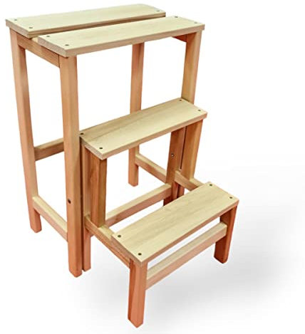 Intec - Escalera taburete para escalera, 3 peldaños plegables, madera maciza 2 en 1