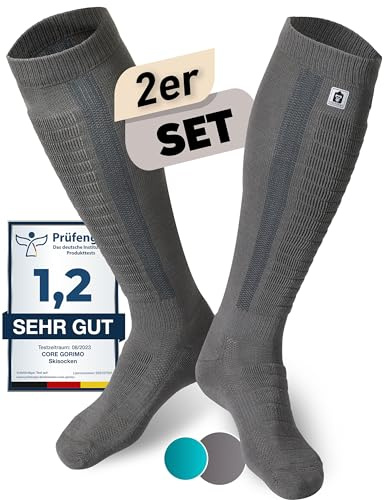 CORE GORIMO 2 paires de chaussettes de ski en laine mérinos, agréablement chaudes et super douces, soutien optimal pour le ski pour homme et femme, gris, 43-46
