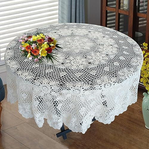 USTIDE Tischdecke aus 100 % Baumwolle, Spitze, rund, handgefertigt, gehäkelt, Blumenmuster, weiße Kreise, Tischdecke für Esszimmer, Hochzeit, Party, Tischdekoration, 180 cm
