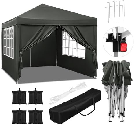 WOLTU Gazebo da Giardino Richiudibile 3x3m Gazebo da Esterno in Ferro Regolabile in Altezza Tendone Pieghevole con Telo Impermeabile,Set di 4 Sacchi di Sabbia, Facile da Montare Grigio