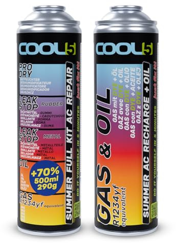 Cool5 - Sommarpaket AC 5-i-1 + Sommar AC-påfyllning + Olja - Kylmedel och oljebyte - Bensin (R1234yf), AC-olja för bilar från 2017 - Bulkförpackning 290 g netto (enkel)