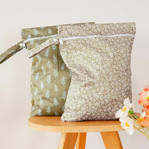 Treer Bolsa de Pañales Impermeable Reutilizable para Bebe de 2 Piezas, Wetbag Impresa Portátil, Neceser para Viaje, Organizador Ropa con Cremallera para Playa Piscina Gym (Flores Verdes,26x36cm)