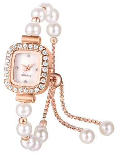 Silverora Orologi da donna con perle e strass glitter: piccolo analogico al quarzo da donna con brillantini e diamanti regolabili con braccialetto di perle artificiali, regali per donne e ragazze, Oro