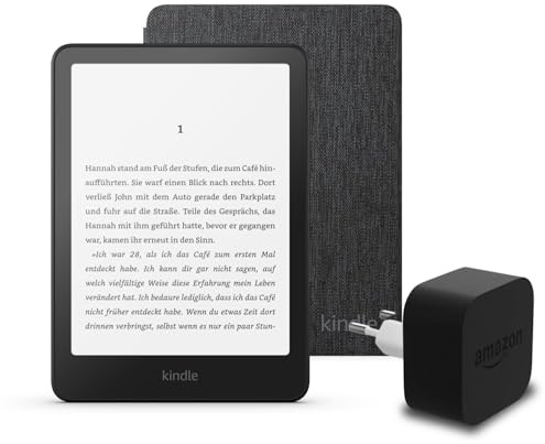 Le dernier Kindle Paperwhite (version 2024) 16 GB avec publicités, une couverture en tissu Amazon et un adaptateur secteur Amazon Powerfast 9 W.