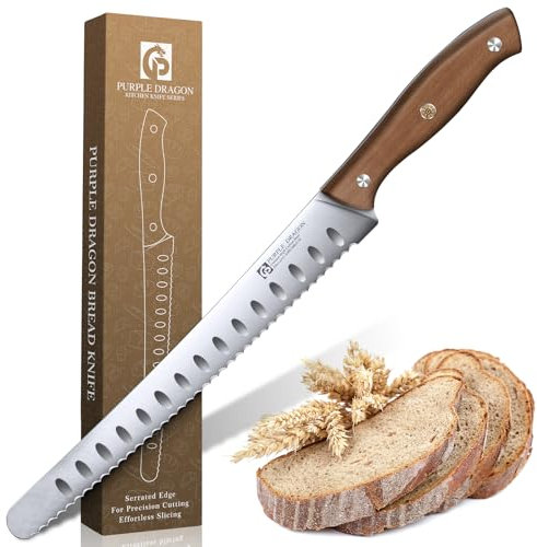 Purple Dragon Brotmesser Wellenschliff mit ergonomischem Holzgriff, Brötchenmesser aus deutschem Hochkarbonstahl, Rundes Sägemesser für selbstgebackenes Brot, Sauerteig, Kuchen, scharfe Messerklinge