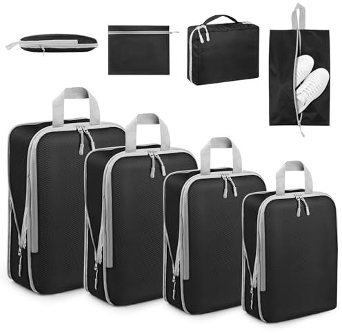 7 Teilige Packing Cubes Compression, Koffer Organizer Set Wasserdichte, Packwürfel Kompression, Packtaschen für Koffer, Handgepäck, Rucksack, Travel Organizer Beige, Kleidertaschen Reisen