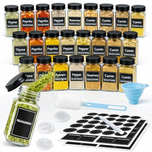 24 Stück Gewürzgläser Set mit Aluminium Deckel, Komplett-Set für Gewürzaufbewahrung (10,4x4,5cm), 72 Gewürzfilter (Grob/Fein/Offen), 48 Wiederholbare Etiketten, Faltbarer Trichter, Markierstift