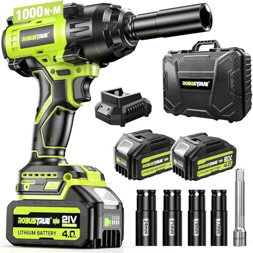 Robustrue 738ft-lbs (1000N.m) Cordless Impact Wrench, High Torque Brushless 1/2 Impact Gun, 2 x4.0Ah Battery 21V Max, Fast Charger, 4 Sockets, Impact Wrench for Home Car Tires Truck Mover