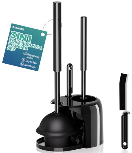 3 in 1 Toilet Brush and Plunger Set with Crevice Cleaning Brush, Toilet Plunger and Brush Set with Extra Long Handle, Plungers for Bathroom Accessories, Toilet Plunger with Holder, Black