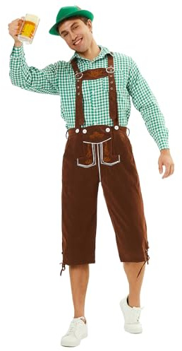 Feynman Costume Uomo per Oktoberfest - Pantaloni Tradizionali Bavaresi Ricamati (Nero/Marrone) + Camicia Tradizionale (Rosso/Verde/Nero) - Completo Tedesco con Effetto Pelle per Festa della Birra