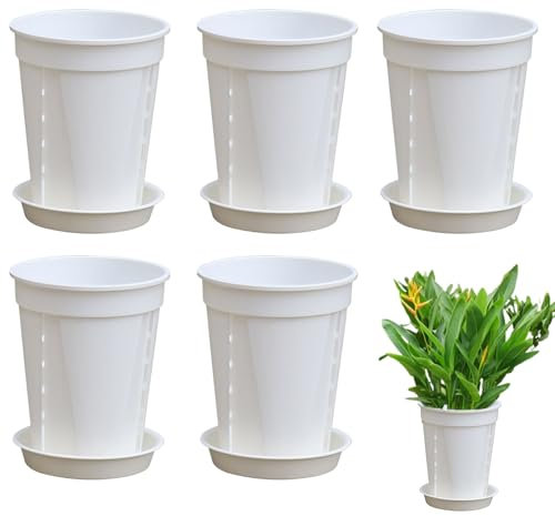 Vasi da giardino, 5 contenitori con vassoi di drenaggio per piantare, coltivare finestre, interni, patio, portico, balcone