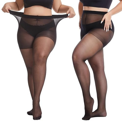 Mayoii 2PCS Plus Size Tights for Women 20D, Plus Size Tights, XL-4XL Ladies High Waist Control Top Pantyhose with Reinforced Toes (UK, Alpha, XL, Regular, Regular, Black+Black)