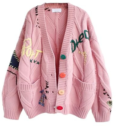 Cardigans for Women Uk, Loose Fit V Neck Button Down Chunky Cable Knit Sweater Cardigan with Pockets, Colourful Embroidery Ladies Knitwear for Autumn Winter