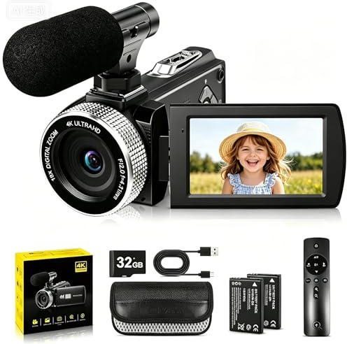 ZIMOCE Videokamera 4K 48 MP Camcorder mit Autofokus, 3 270° Drehbar Screen Vlog Kamera für YouTube, 18-fachem Digitalzoom Video Camera mit Mikrofon, Fernbedienung, 2 Batterien, 32 GB TF-Karte
