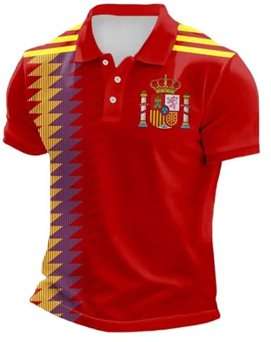 RUMAOZIA Polo de manga corta para hombre con bandera de España, transpirable, mezcla de algodón, camiseta de fútbol retro para fútbol, EM, Mundial y ocio, color rojo y amarillo