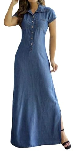 Maxi abiti da donna in denim a maniche corte con risvolto e colletto a camicia lunga, taglie forti abiti in jeans con spacco laterale