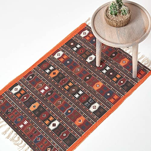 HOMESCAPES Alfombra Kilim Tejida a Mano Terracota y marrón para Sala de Estar, patrón Tradicional, 100% algodón, 70 x 120 cm