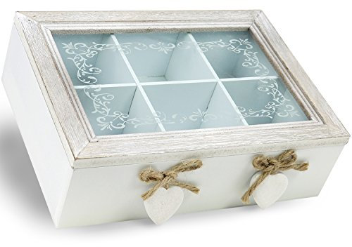 com-four® Aufbewahrungsbox im Vintage Design für Tee und Teebeutel, Teebox aus Holz mit 6 Fächern und Sichtfenster aus Glas, 23,1 x 7,1 x 16,8 cm (1 Stück - braun/weiß Herzen)