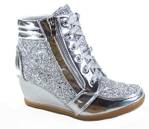 Forever Link Women's Fashion Glitter High Top Lace Up Wedge Sneaker Shoes,Silver,10
