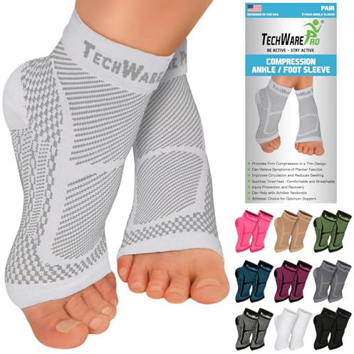 TechWare Pro Ankle Brace Compression Sleeve - Relieves Achilles Tendonitis, Joint Pain. Plantar Fasciitis Foot Sock with Arch Support Reduces Swelling & Heel Spur Pain. (White, L/XL)