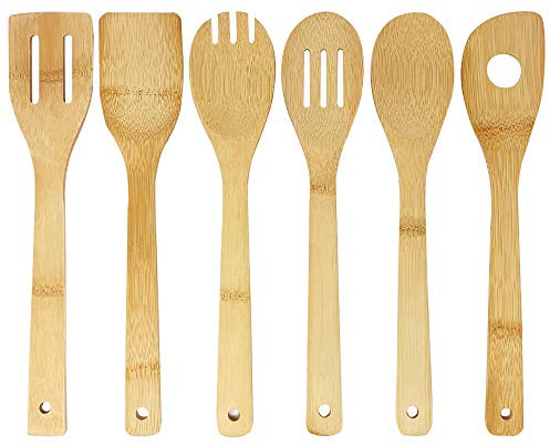 Joeji's Kitchen – Ustensiles de Cuisine en Bambou | Ensemble 6 Pièces en Bois : Cuillère, Spatule, Fourchette, Cuillère à Égoutter