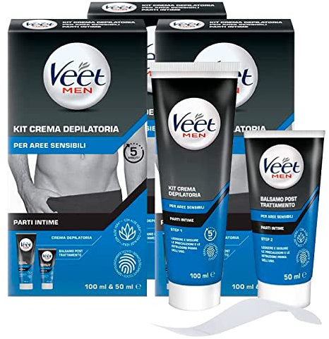 Veet Men Kit Depilazione Intima per Pelli Sensibili, Crema Depilatoria Uomo Parti Intime, Dermatologicamente Testata, Crema Depilatoria 100 ml e Balsamo Post Depilazione 50 ml (3 confezioni)