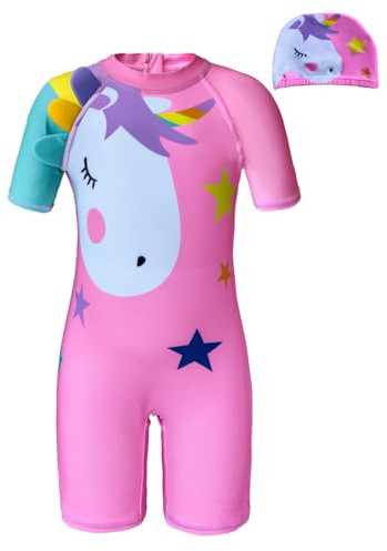 Swimsuit Kids Girls One-Piece Swimming Costume Short Sleeves Rash Guard Surfing Swimsuits UPF with Cap Pink L (2-3 Years)