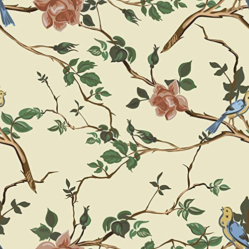 VaryPaper Papel Pintado Flores y Pajaros Amarillas Papel Tapiz Autoadhesivo Impermeable Papel Pared Floral Vintage Vinilos Adhesivos Para Muebles Salon Dormitorio Gabinetes de Cocina 44.5cmx200cm