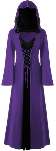 FSUJWOA Disfraces de Halloween para adultos medieval con capucha maxi vestido para mujer moda túnica cosplay
